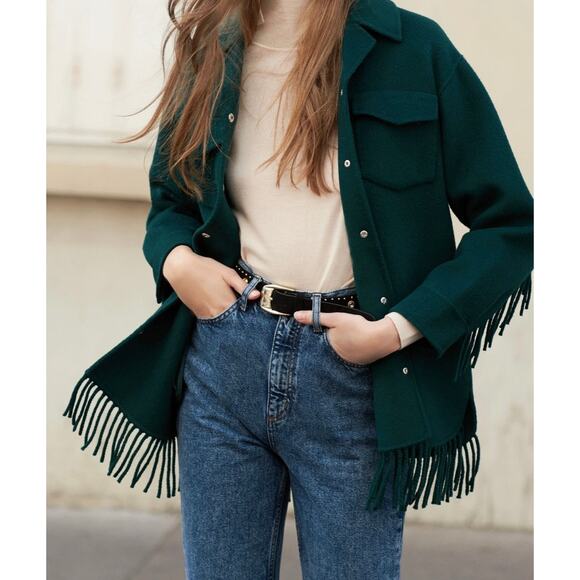 Sandro Paris Brandon Wool Blend Oversized Fringe Shaket Jacket Emerald Green M - Picture 1 of 15